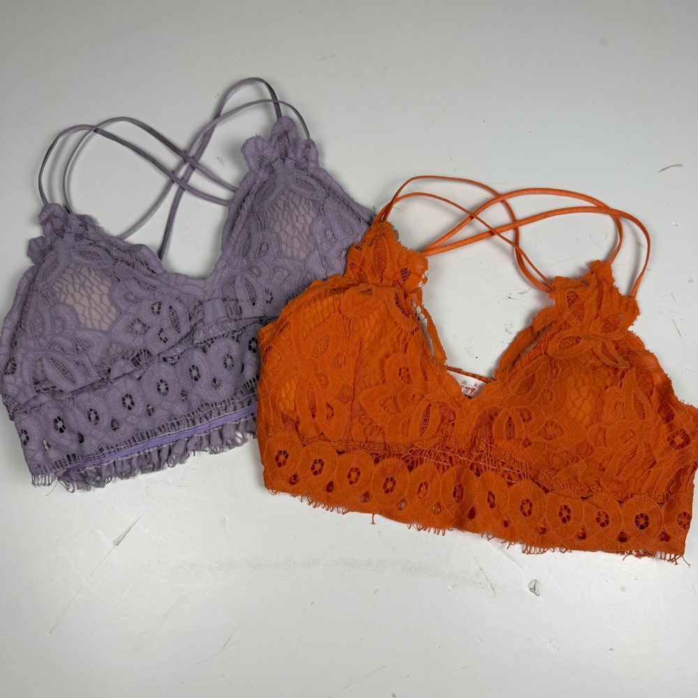 Sweet Generis Lace Bralette Set 2 Pack Orange Lavender Smocked Back Womens Large